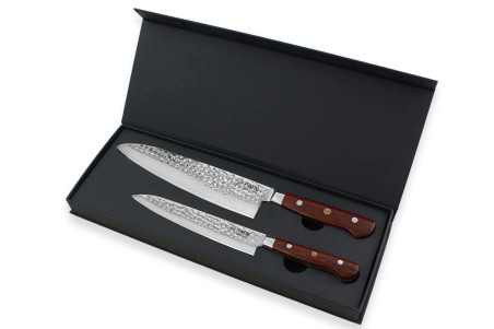 Coffret 2 couteaux Damas 67 couches : Universel + Chef Rosewood