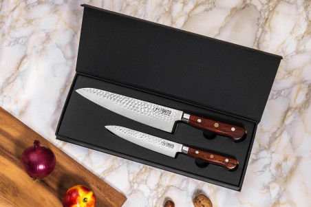 Coffret 2 couteaux Damas 67 couches : Universel + Chef Rosewood